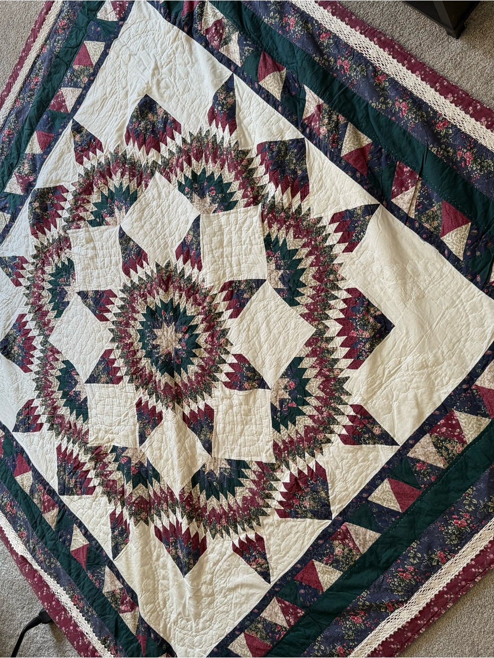 Handmade Quilted Bedding Throw in Cream, Burgundy & Forest Green